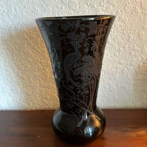 Fabulous Black Glass Paden City Ebony Glass Vase Etched Gothic Garden